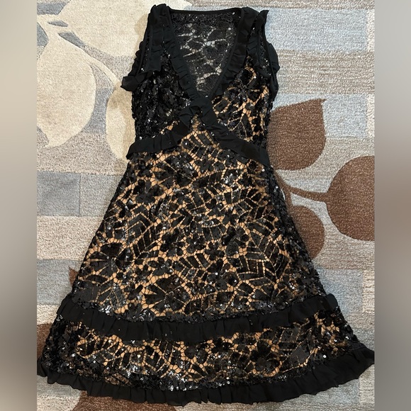 NWT MICHAEL MICHAEL KORS Sequined Lace Ruffle-Trim Dress Black Over Nude - Picture 2 of 10